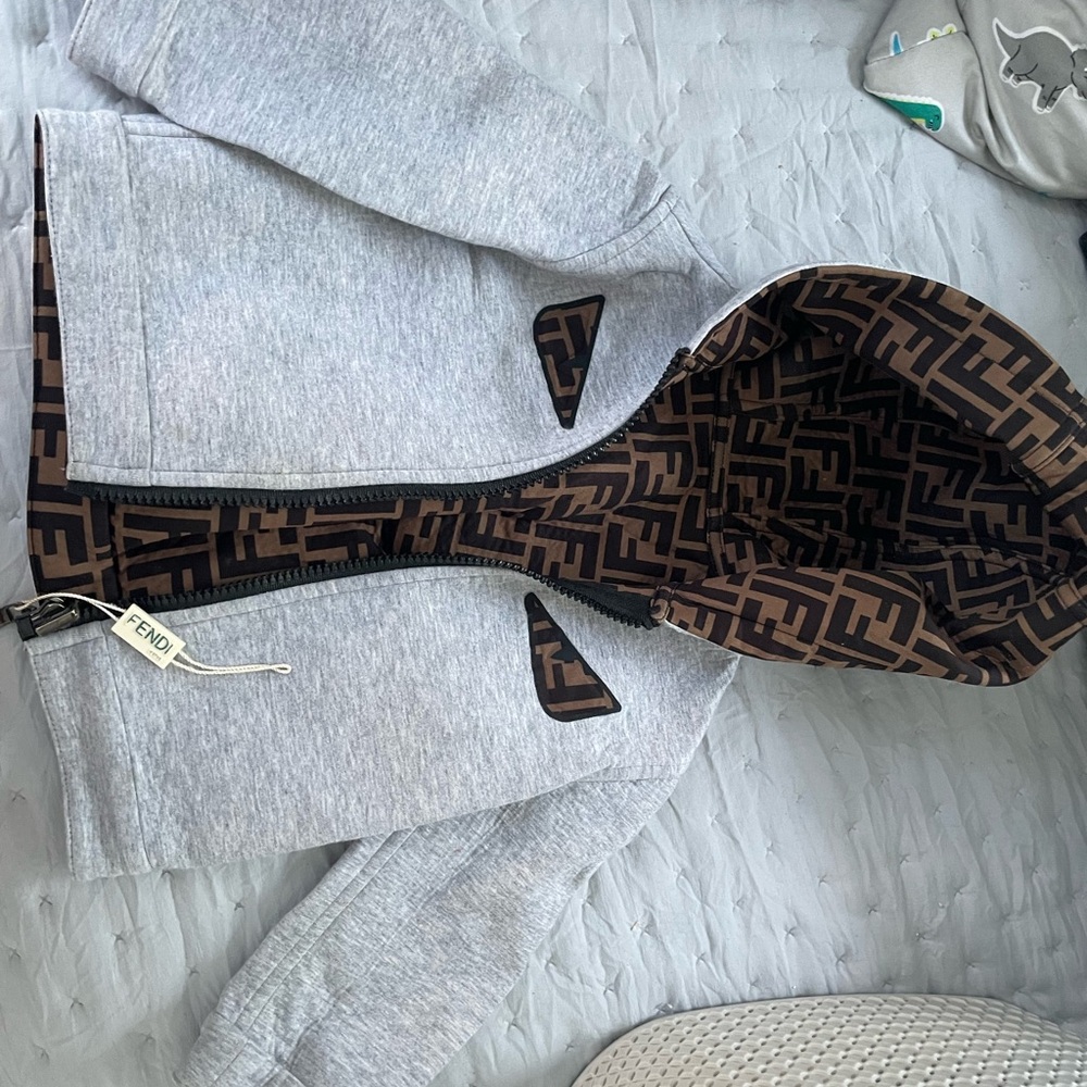 Fendi Light Gray and Dark Brown Zip-Up Hoodie